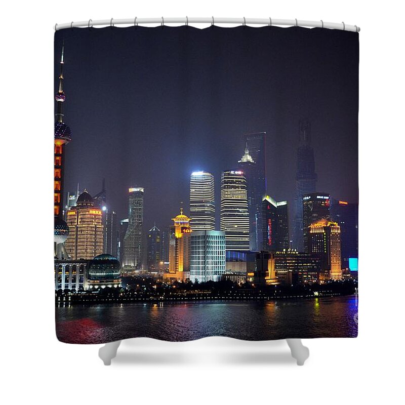 Shanghai Shower Curtain featuring the photograph Shanghai China skyline at night from Bund #1 by Imran Ahmed
