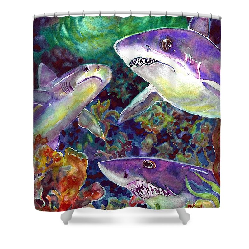 Watercolor Shower Curtain featuring the painting Sharks #1 by Ann Nicholson