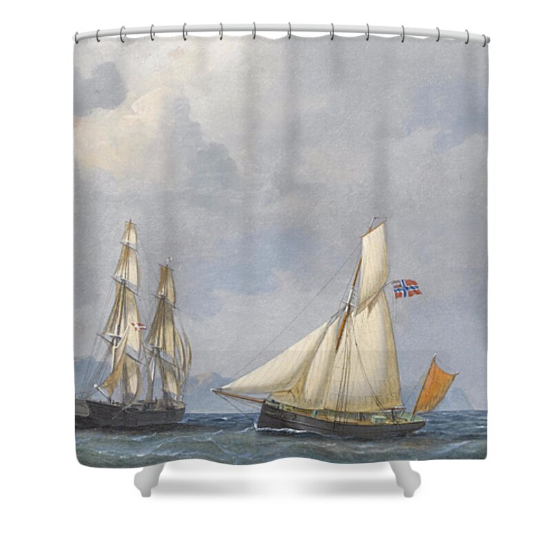 Carl Olson (1864-1940) Shipping In Norwegian Waters Shower Curtain featuring the painting Shipping in Norwegian waters #1 by MotionAge Designs