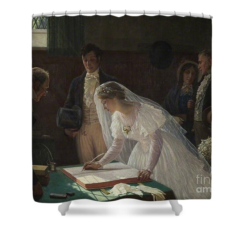Edmund Blair Leighton Shower Curtain featuring the painting Signing the Register #1 by MotionAge Designs
