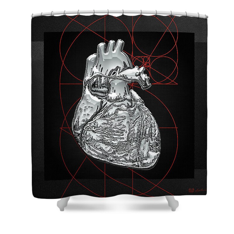 inner Workings Collection By Serge Averbukh Shower Curtain featuring the photograph Silver Human Heart on Black Canvas #1 by Serge Averbukh