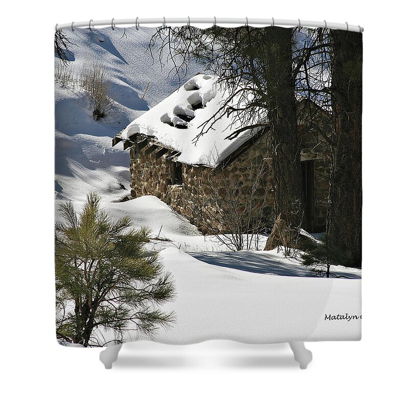 Snow Shower Curtain featuring the photograph Snow Cabin by Matalyn Gardner