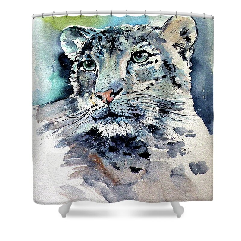 Animal Shower Curtain featuring the painting Snow leopard #1 by Kovacs Anna Brigitta
