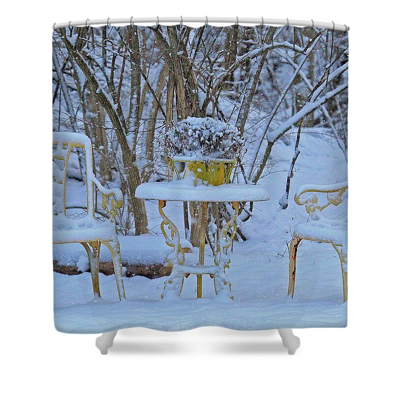 Snowy Sit A Spell Shower Curtain featuring the photograph Snowy Sit a Spell by PJQandFriends Photography