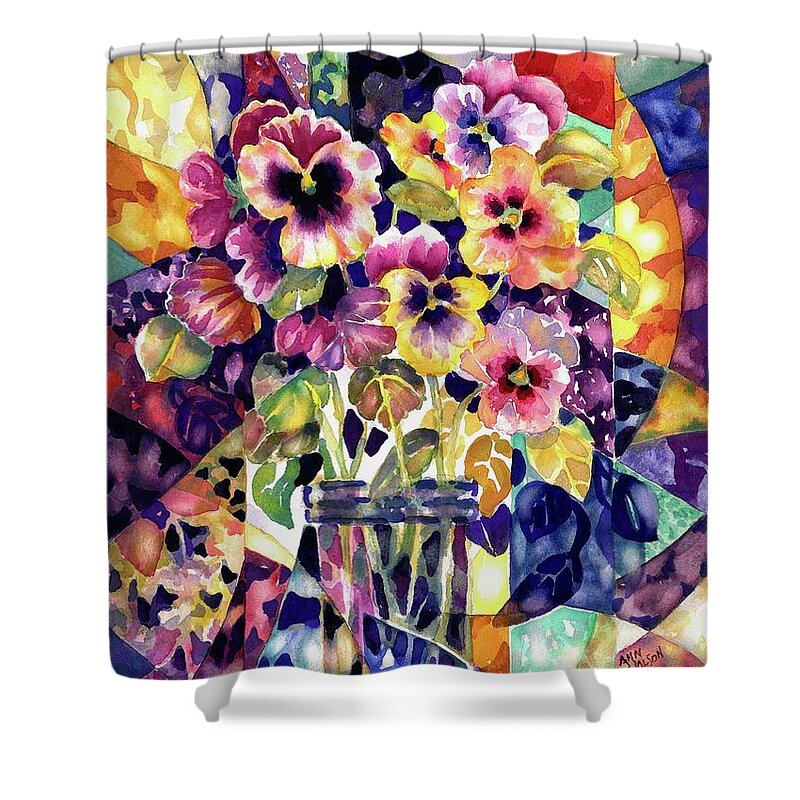 Watercolor Shower Curtain featuring the painting Stained Glass Pansies #1 by Ann Nicholson