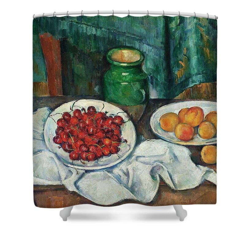 Cezanne Shower Curtain featuring the painting Still Life with Cherries and Peaches #1 by Paul Cezanne