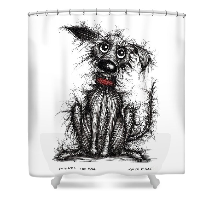Stinker Shower Curtain featuring the drawing Stinker the dog #1 by Keith Mills