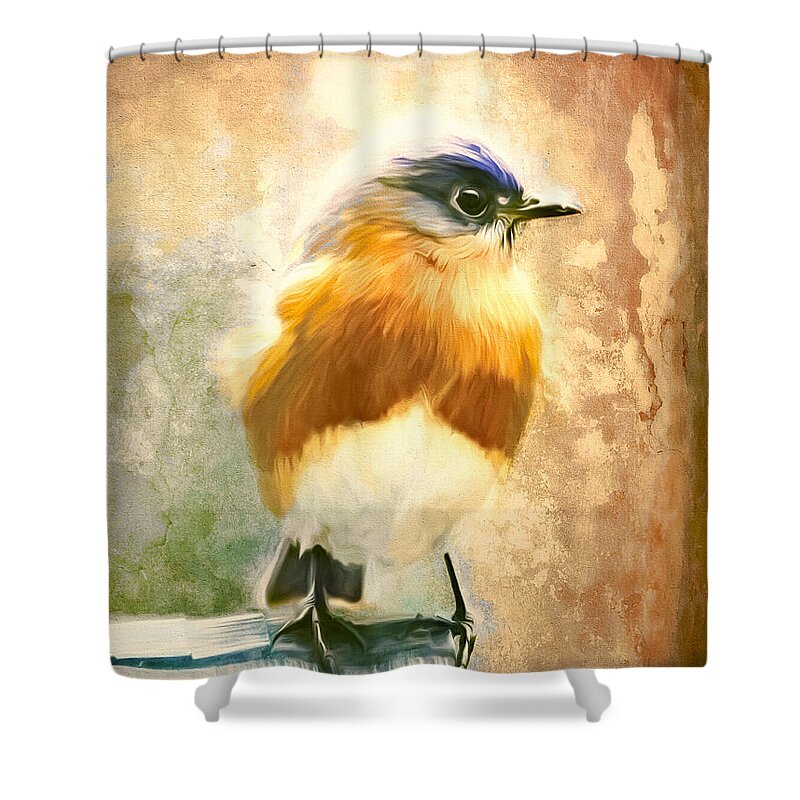 Bluebird Shower Curtain featuring the painting Strapping Bluebird by Tina LeCour