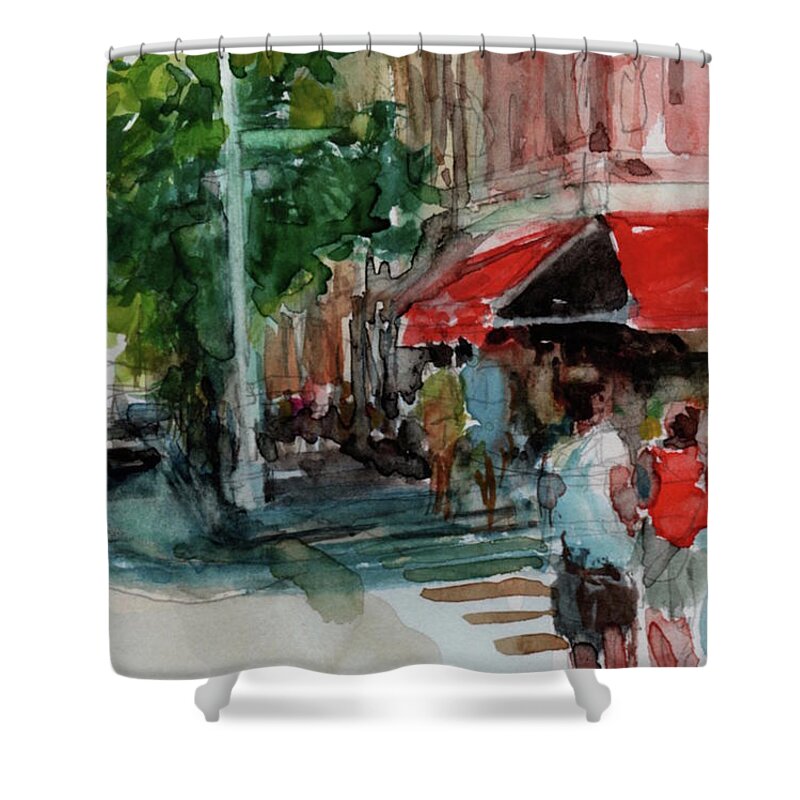 New York Landscape Shower Curtain featuring the painting Streetscape With Red Awning - 82nd Street Market #1 by Peter Salwen