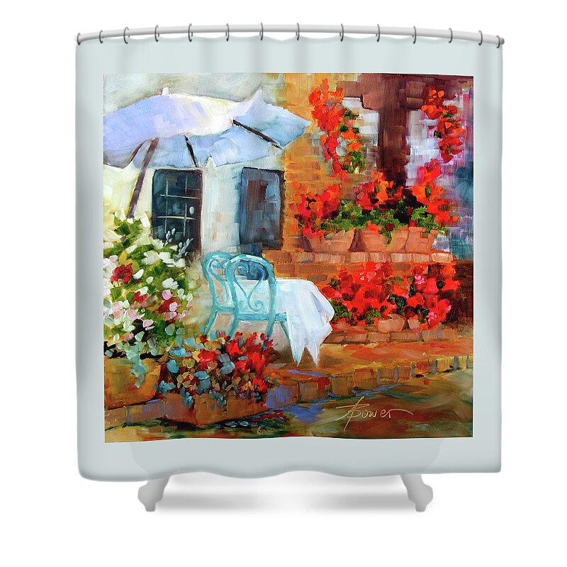 Tuscan Cafe Shower Curtain featuring the painting Sunny With A Light Breeze by Adele Bower