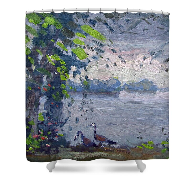 Sunset Shower Curtain featuring the painting Sunset at Goat Island by Ylli Haruni