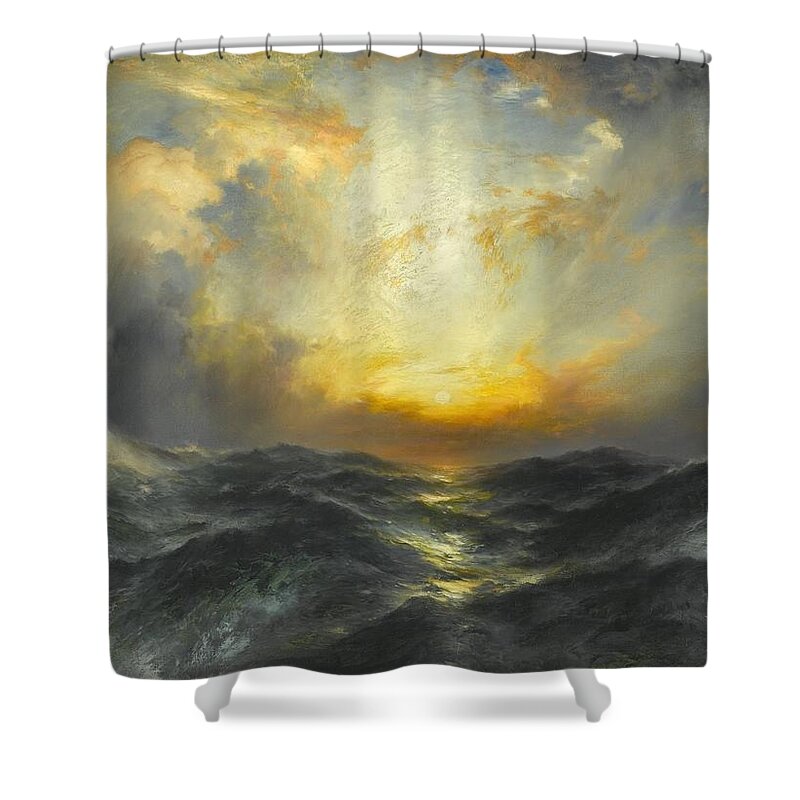 Sunset At Sea Shower Curtain featuring the painting Sunset at Sea #1 by MotionAge Designs
