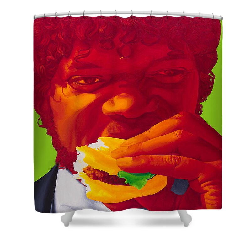 Pulp Fiction Shower Curtain featuring the painting Tasty Burger by Ellen Patton