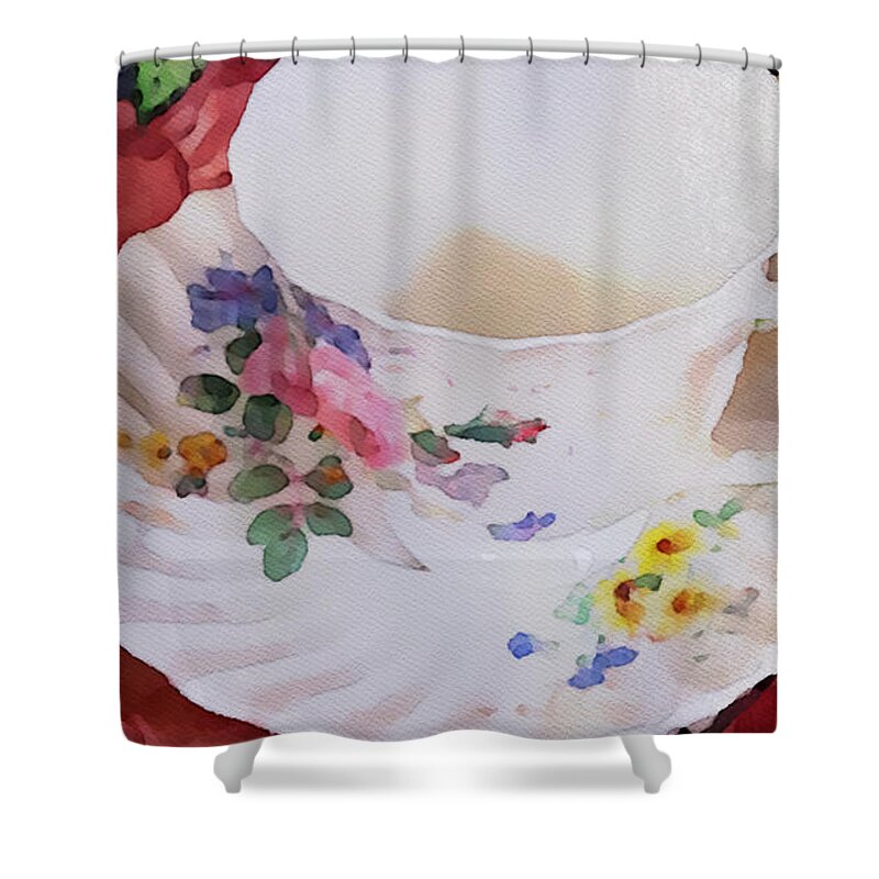 Watercolor Shower Curtain featuring the painting Tea Time #1 by Bonnie Bruno