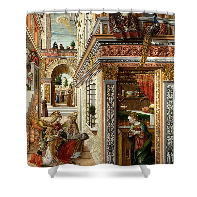 The Annunciation Shower Curtain featuring the painting The Annunciation #1 by Celestial Images