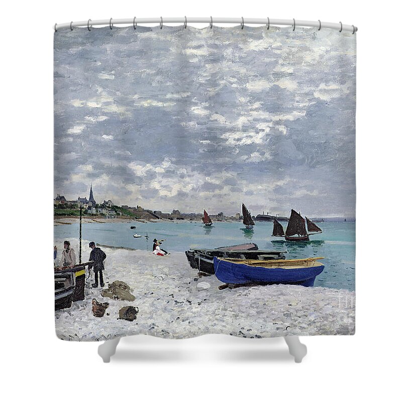 Coastal;french;rowing Boat;sailing;sainte Adresse; Boats Shower Curtain featuring the painting The Beach at Sainte Adresse by Claude Monet