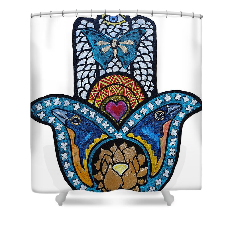 Hamsa Shower Curtain featuring the painting The Blue Bunting Hamsa by Patricia Arroyo