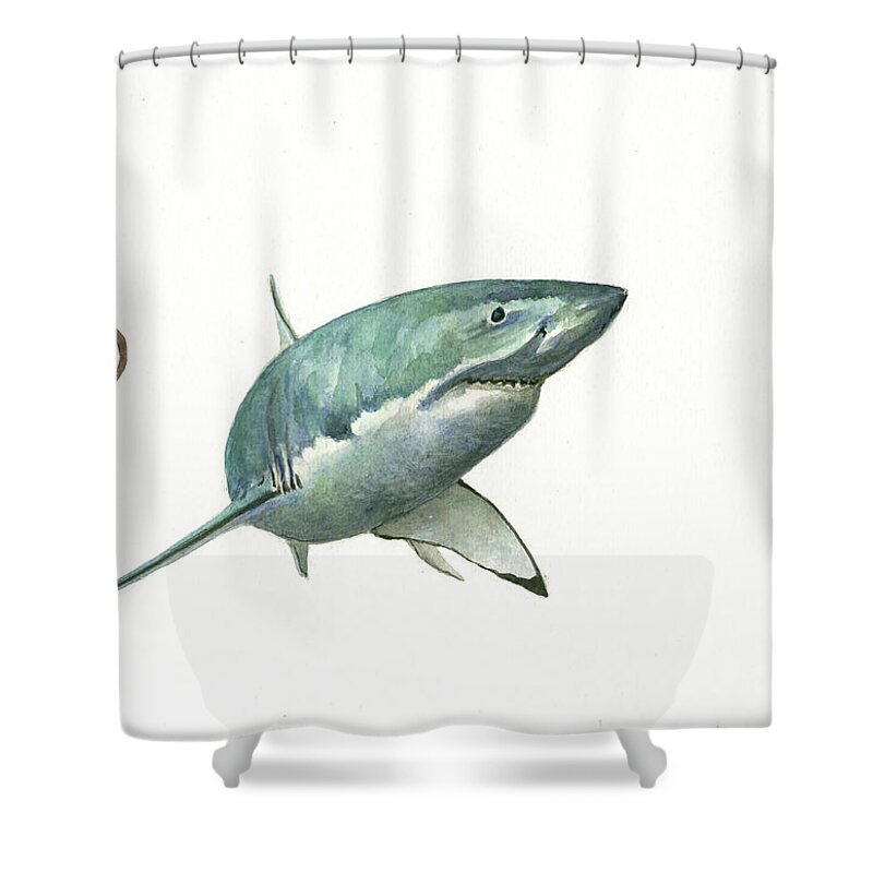 White Shark Art Shower Curtain featuring the painting The Great white shark and the octopus by Juan Bosco
