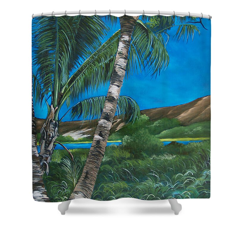 Coconut Tree Shower Curtain featuring the painting The Lake #1 by Larry Geyrozaga