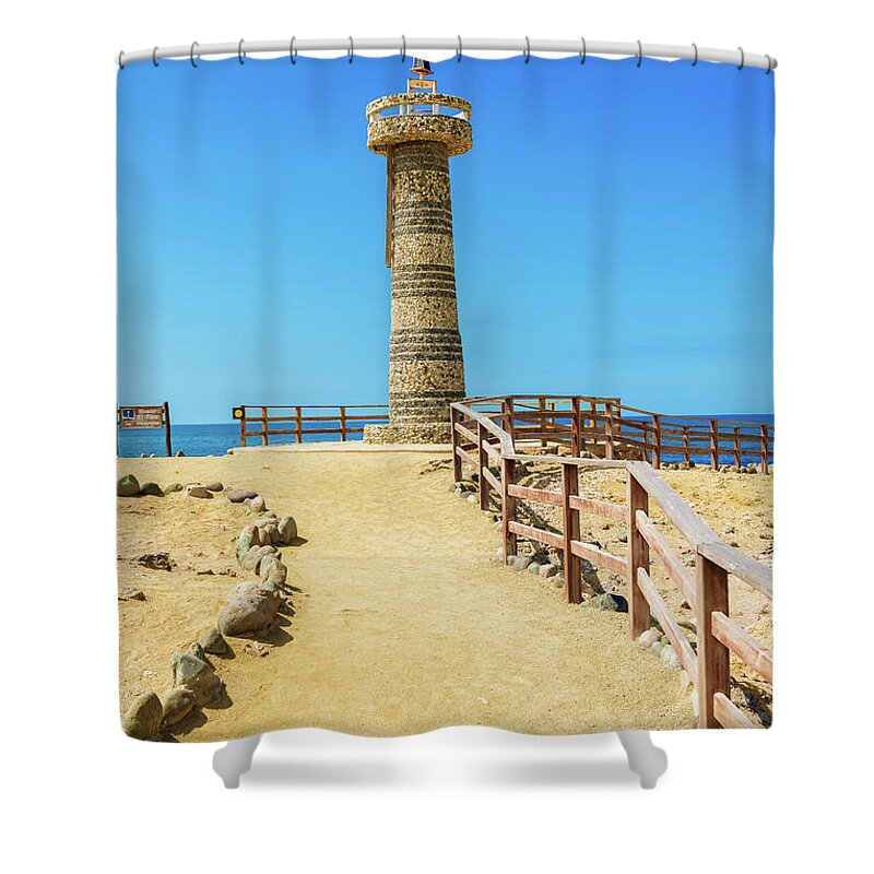 Local Landmark Shower Curtain featuring the photograph The lighthouse in Salinas, Ecuador #1 by Marek Poplawski