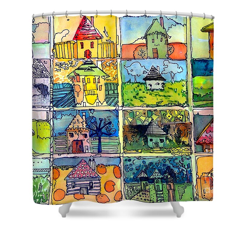 Houses Shower Curtain featuring the painting The Little Houses by Mindy Newman