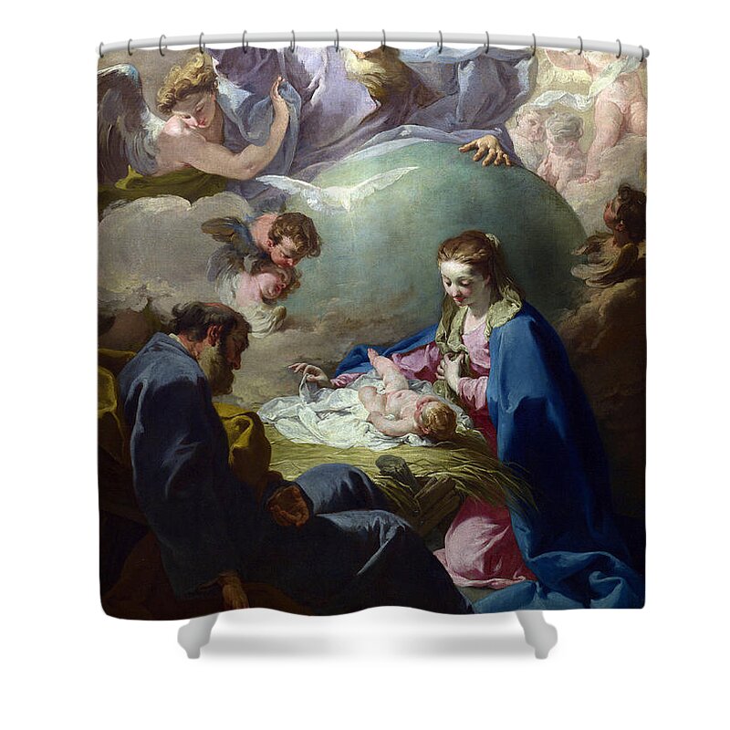 Christmas Shower Curtain featuring the painting The Nativity with God the Father and the Holy Ghost by Giovanni Battista Pittoni