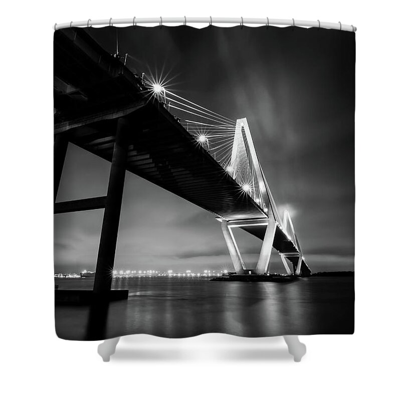 Charleston Bridge Shower Curtain featuring the photograph Charleston Arthur Ravenel Suspension Bridge at Night by Norma Brandsberg