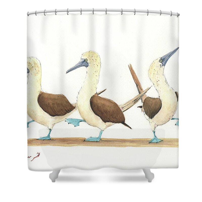 Bird Drawing Shower Curtain featuring the painting Three blue footed boobies by Juan Bosco