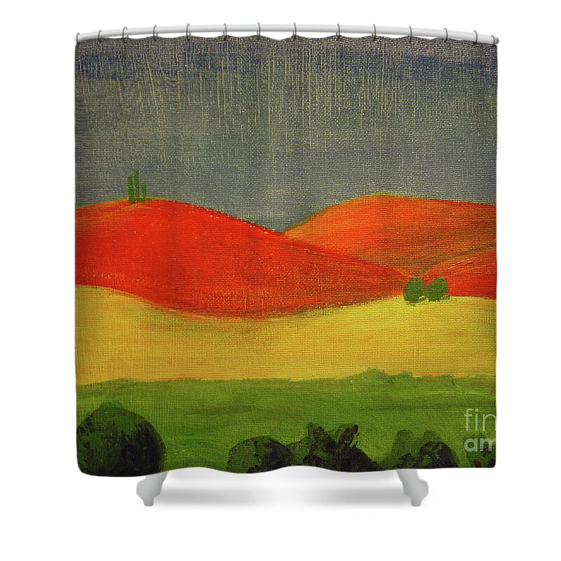 Tuscan Shower Curtain featuring the painting Three Standing by Lilibeth Andre