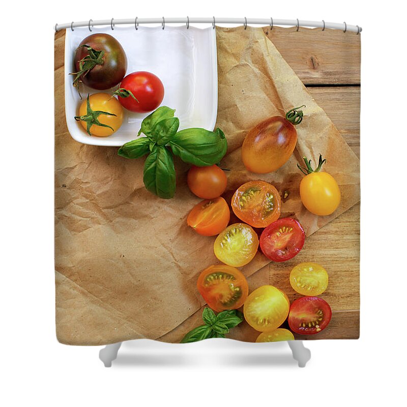 Tomatoes Shower Curtain featuring the photograph Tomato Still Life 5 #1 by Rebecca Cozart