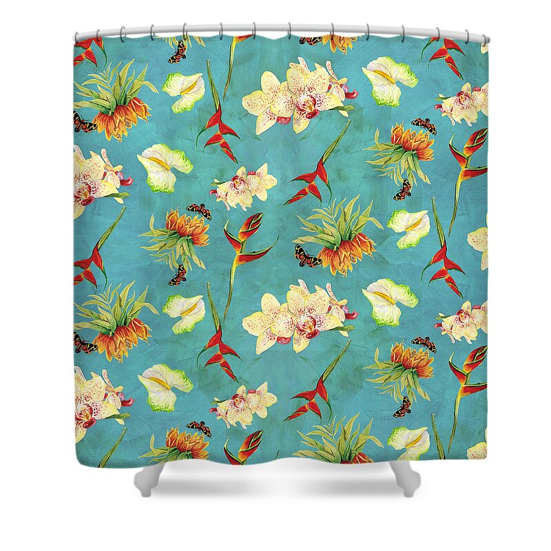 Orchid Shower Curtain featuring the painting Tropical Island Floral Half Drop Pattern by Audrey Jeanne Roberts