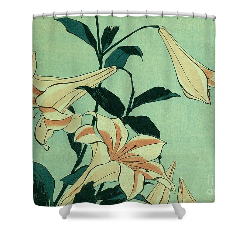 Hokusai Shower Curtain featuring the painting Trumpet Lilies by Hokusai