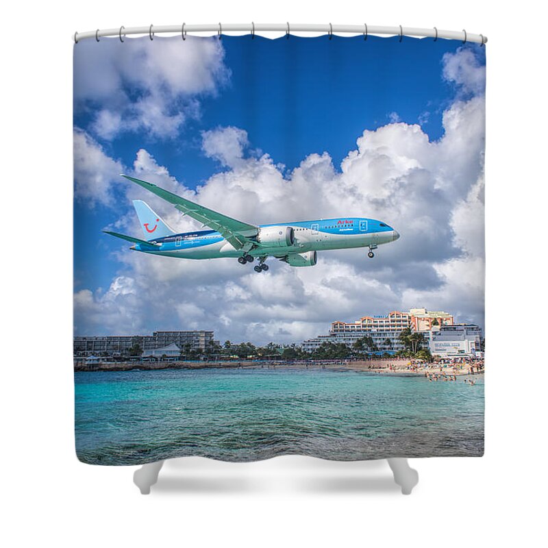 Tui Airlines Shower Curtain featuring the photograph TUI Airlines Netherlands landing at St. Maarten airport. #1 by David Gleeson
