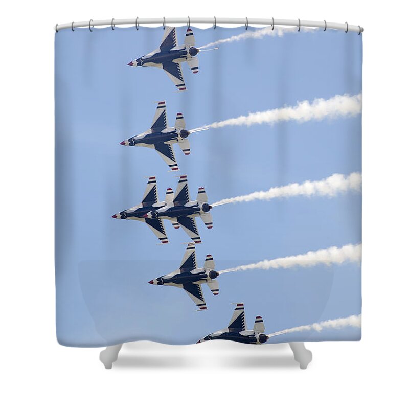 Usaf Thunderbirds Shower Curtain featuring the photograph US Air Force Thunderbirds flying preforming precision aerial maneuvers #1 by Anthony Totah