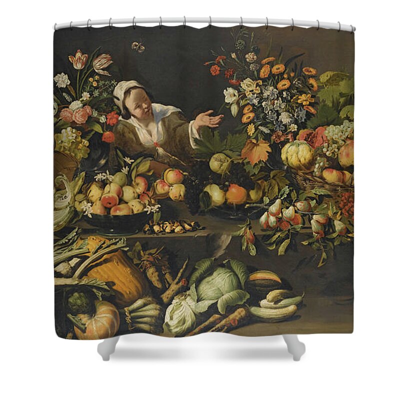 Italo - Flemish School Shower Curtain featuring the painting Vegetables And Flowers Arranged by MotionAge Designs