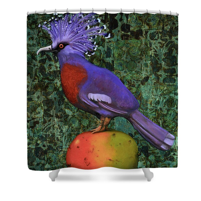 Victoria Crowned Pigeon Shower Curtain featuring the painting Victoria Crowned Pigeon On A Mango #2 by Leah Saulnier The Painting Maniac