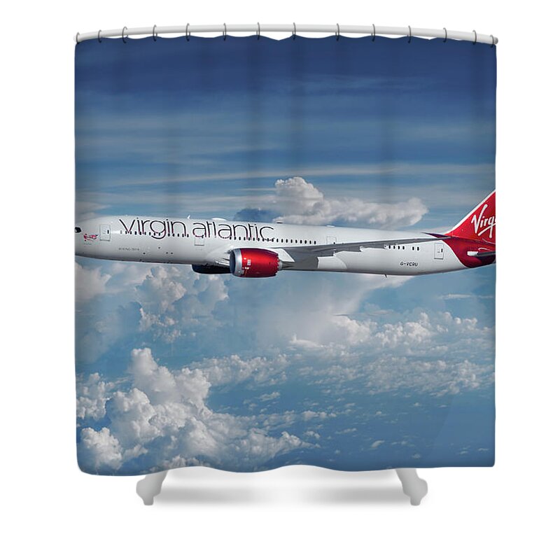 Virgin Atlantis Airlines Shower Curtain featuring the mixed media Virgin Atlantic Dreamliner by Erik Simonsen