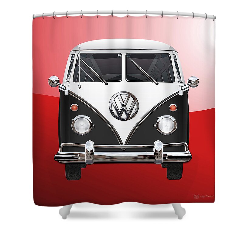 'volkswagen Type 2' Collection By Serge Averbukh Shower Curtain featuring the photograph Volkswagen Type 2 - Black and White Volkswagen T 1 Samba Bus on Red by Serge Averbukh