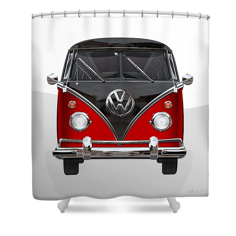 'volkswagen Type 2' Collection By Serge Averbukh Shower Curtain featuring the photograph Volkswagen Type 2 - Red and Black Volkswagen T 1 Samba Bus on White by Serge Averbukh