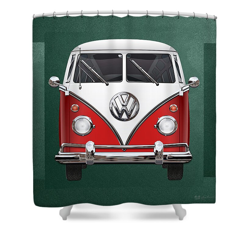 'volkswagen Type 2' Collection By Serge Averbukh Shower Curtain featuring the photograph Volkswagen Type 2 - Red and White Volkswagen T 1 Samba Bus over Green Canvas by Serge Averbukh