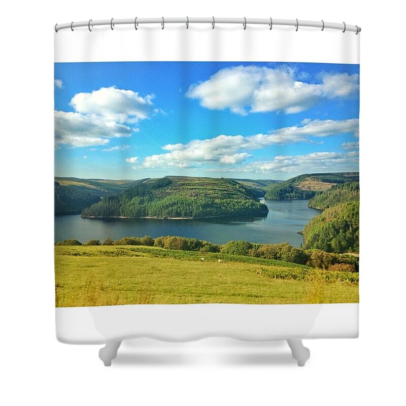 Mountains Shower Curtain featuring the photograph #wales #roadtrip #reservoir #trees #1 by Tai Lacroix