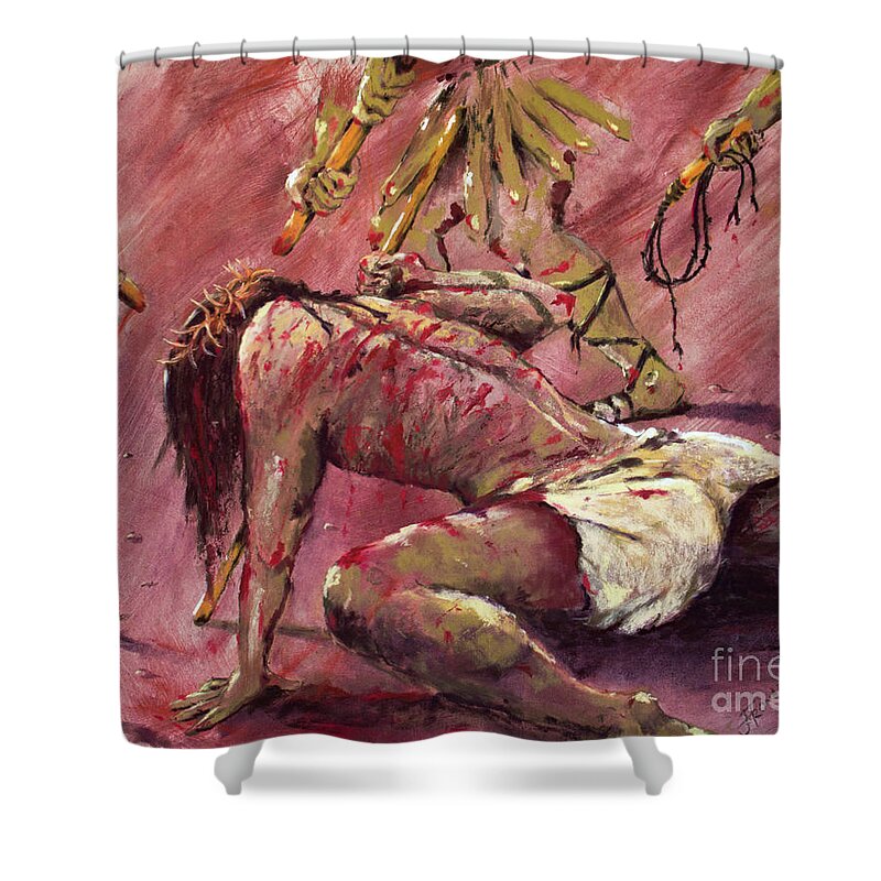 Shower Curtain featuring the pastel Walk to the Cross by Jim Fronapfel