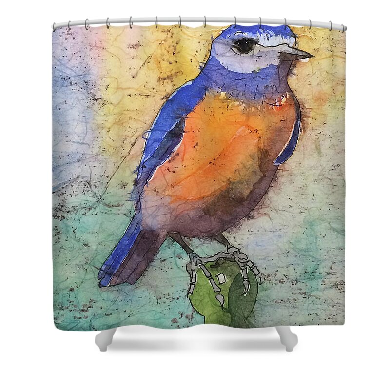 Western Bluebird;bird;bluebird; Blue;orange;green Shower Curtain featuring the painting Western Bluebird by Ann Nunziata