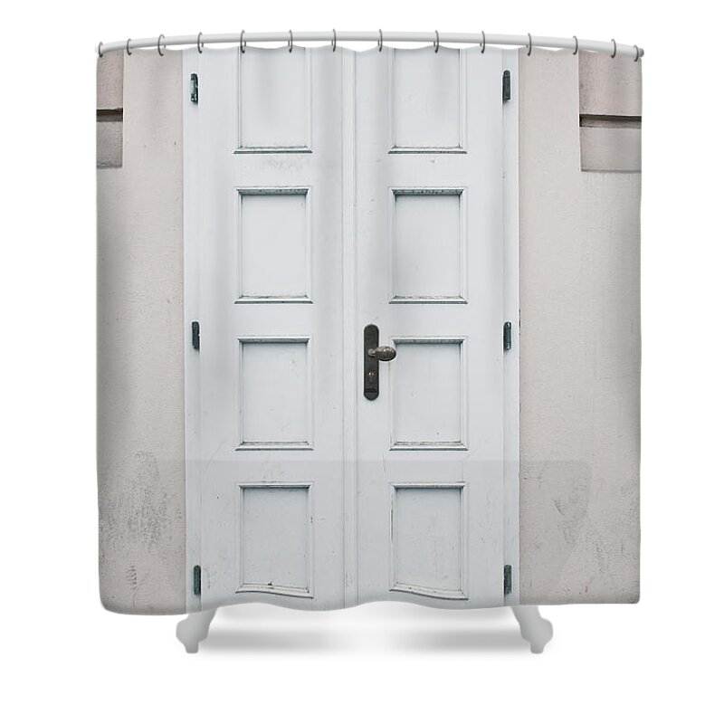 Access Shower Curtain featuring the photograph White door #1 by Tom Gowanlock