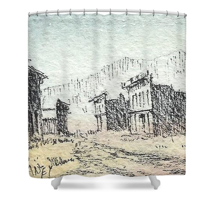 Ghost Town Shower Curtain featuring the mixed media White Oaks Ghost Town New Mexico #1 by Kevin Heaney