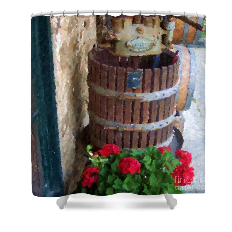 Geraniums Shower Curtain featuring the photograph Wine and Geraniums by Debbi Granruth