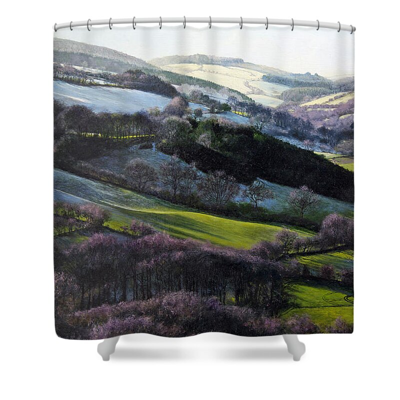 Landscape Shower Curtain featuring the painting Winter in North Wales #1 by Harry Robertson