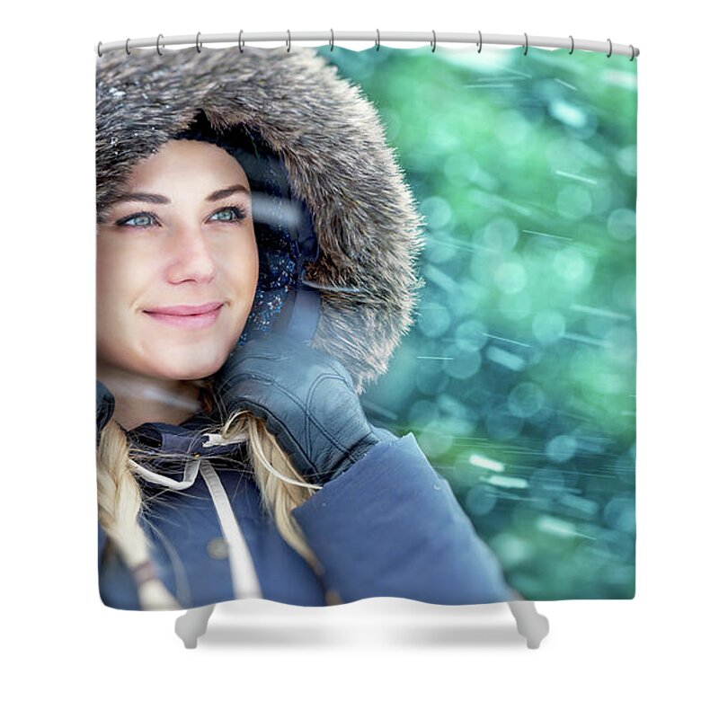 Adult Shower Curtain featuring the photograph Winter woman portrait #1 by Anna Om