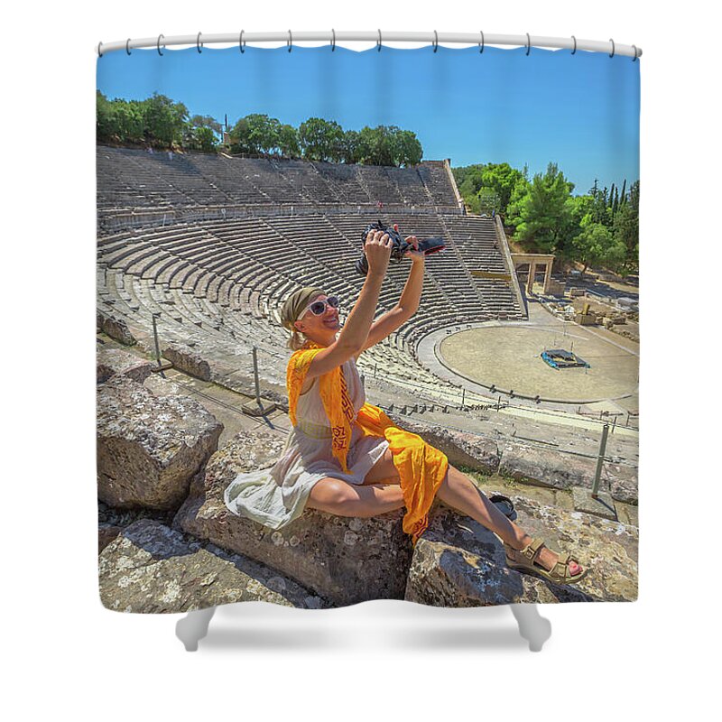 Greece Shower Curtain featuring the pyrography Woman photographer selfie #1 by Benny Marty