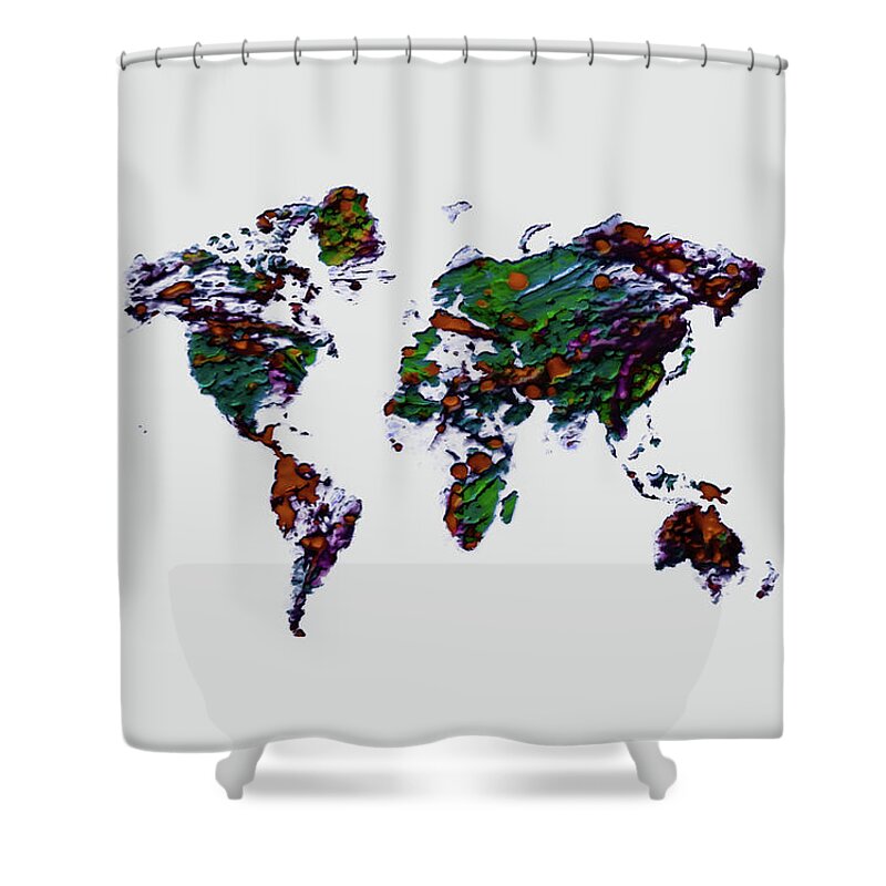 World Map Shower Curtain featuring the mixed media World Map Plaster 17 #1 by Brian Reaves